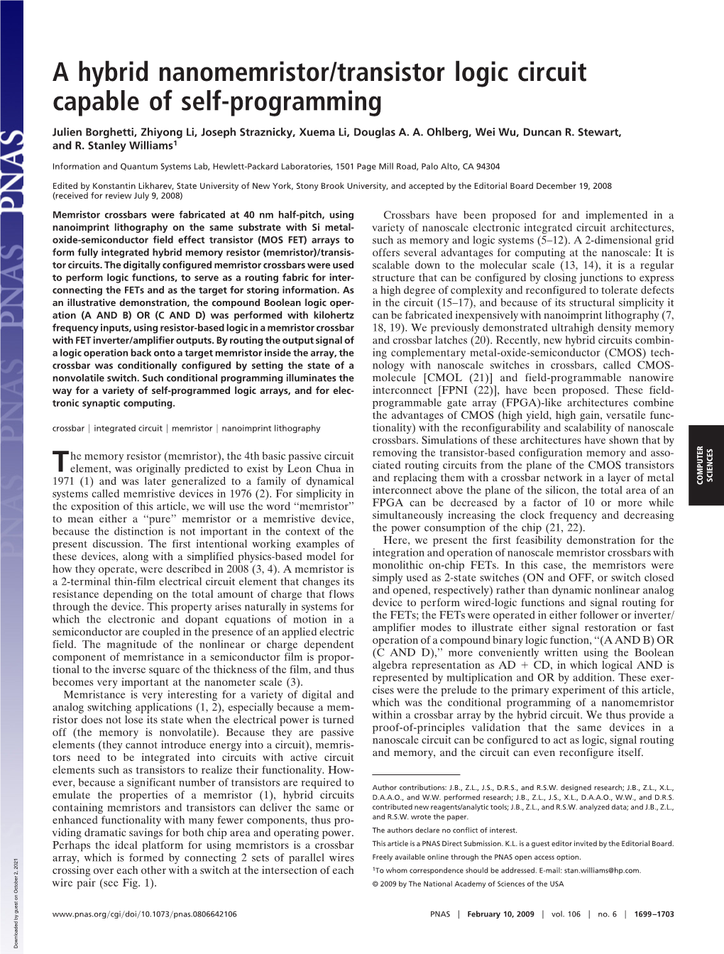 A Hybrid Nanomemristor/Transistor Logic Circuit Capable of Self-Programming