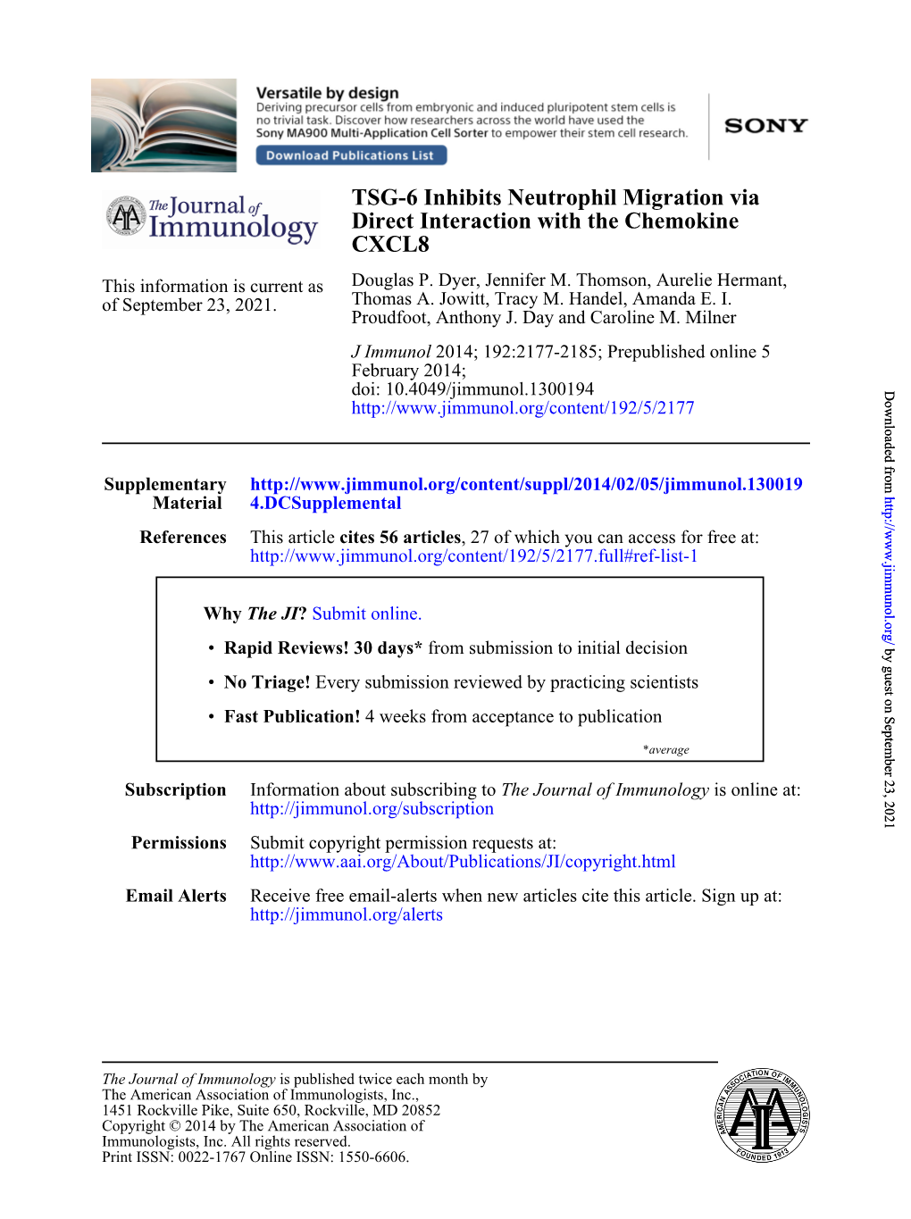 CXCL8 Direct Interaction with the Chemokine TSG-6 Inhibits