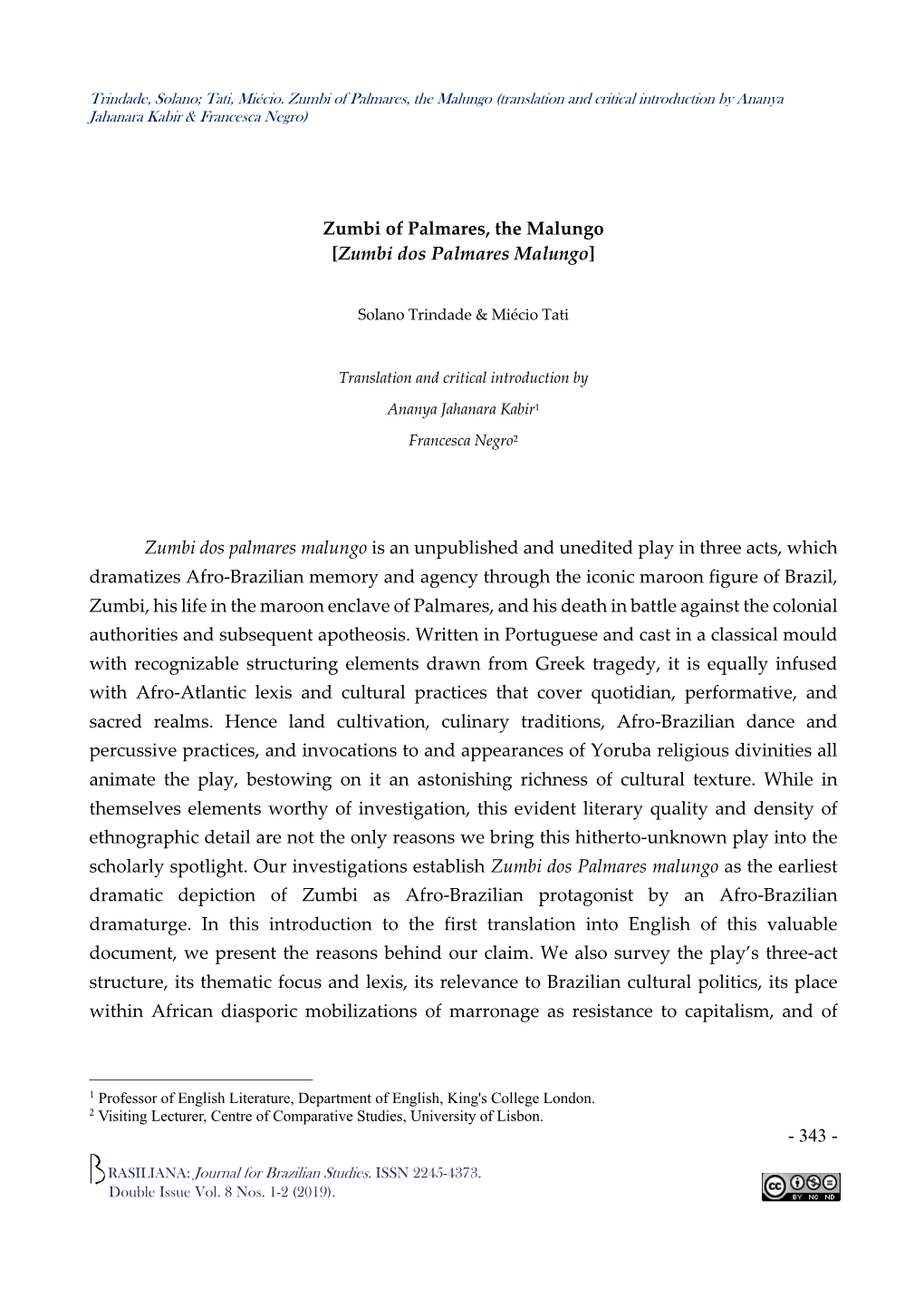 Trindade, Solano; Tati, Miécio. Zumbi of Palmares, the Malungo (Translation and Critical Introduction by Ananya Jahanara Kabir & Francesca Negro)