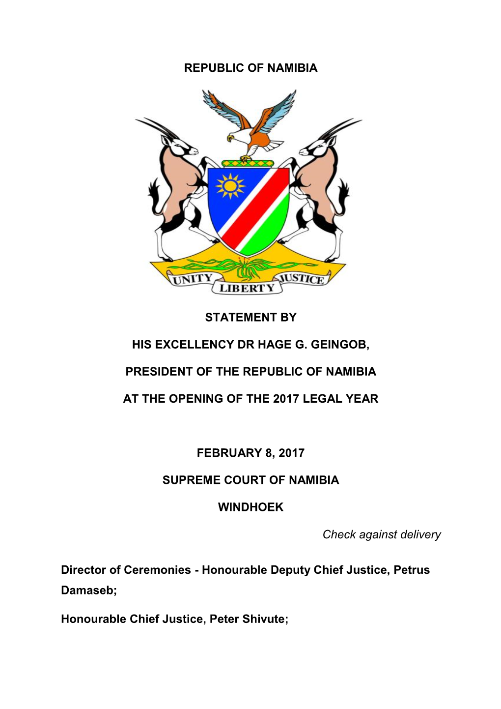 Republic of Namibia Statement by His Excellency Dr Hage