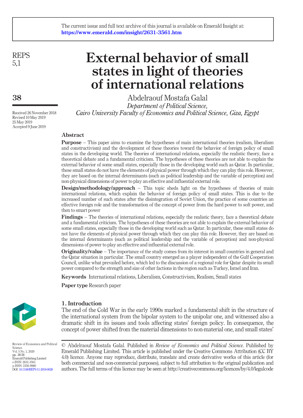 External Behavior of Small States in Light of Theories of International Relations