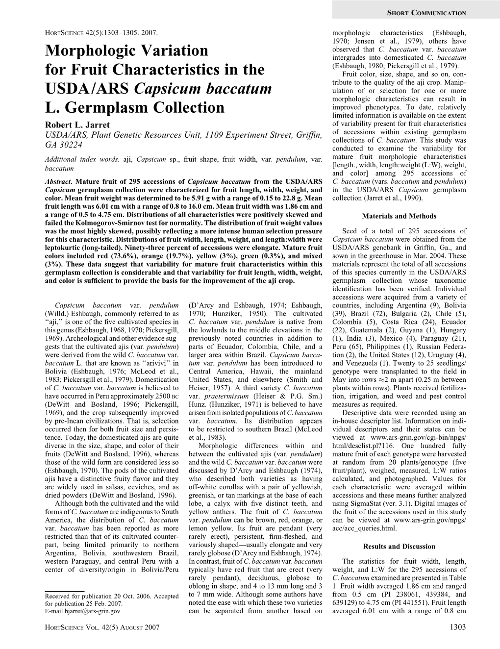 Morphologic Variation for Fruit Characteristics in the USDA/ARS