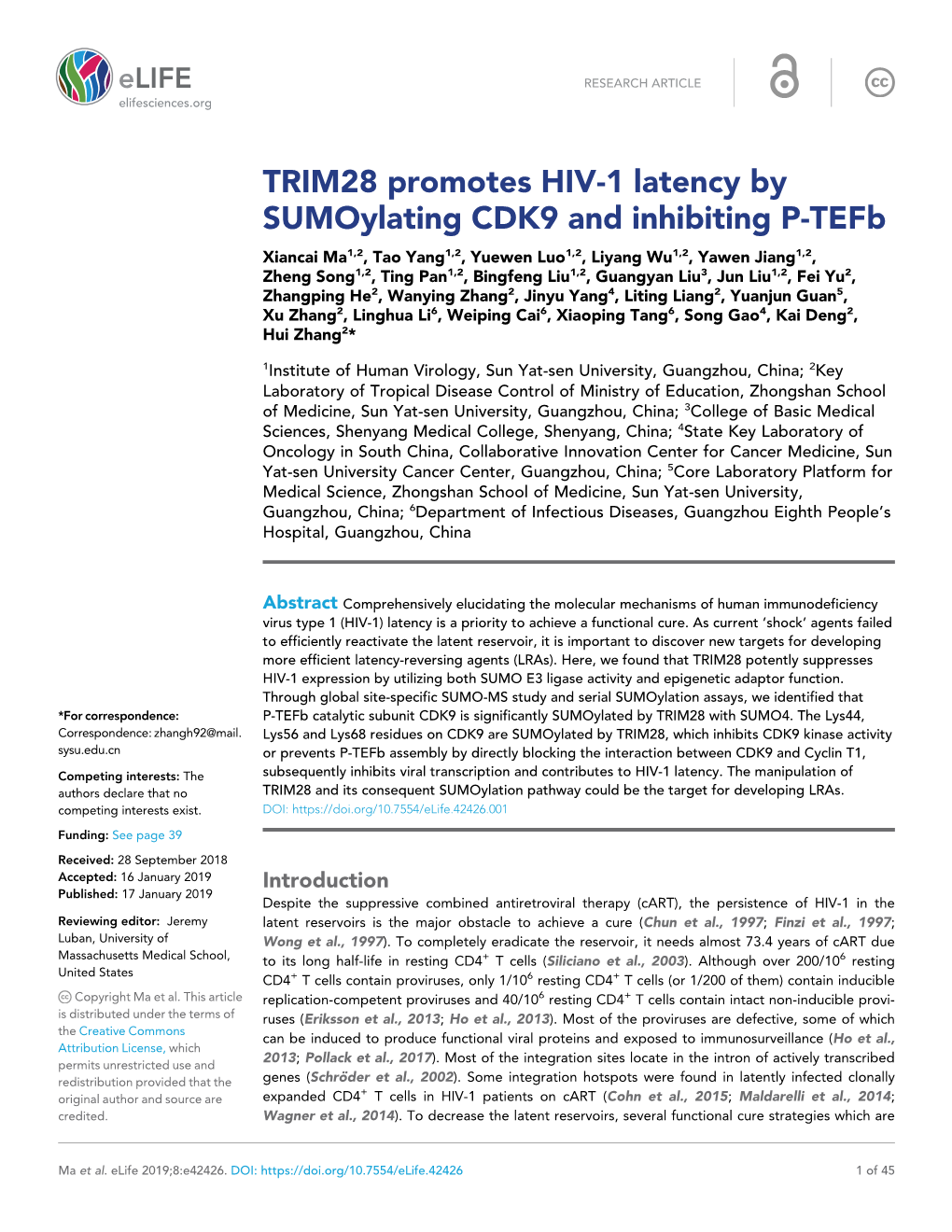 TRIM28 Promotes HIV-1 Latency by Sumoylating CDK9 and Inhibiting