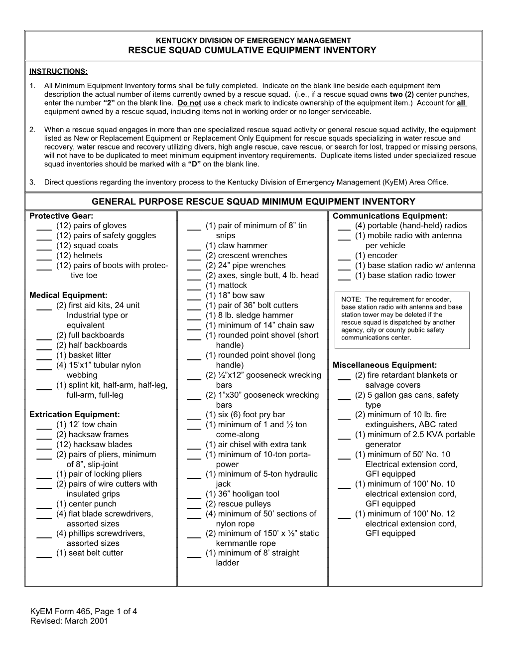 KYEM Form 465 Cumulative Equipment Inventory