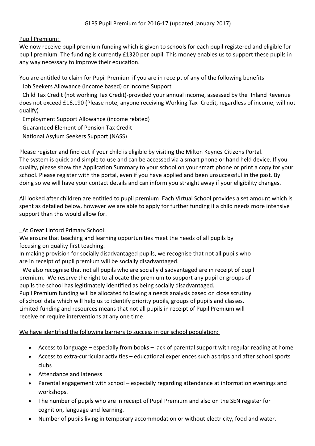 GLPS Pupil Premium for 2016-17 (Updated January 2017)