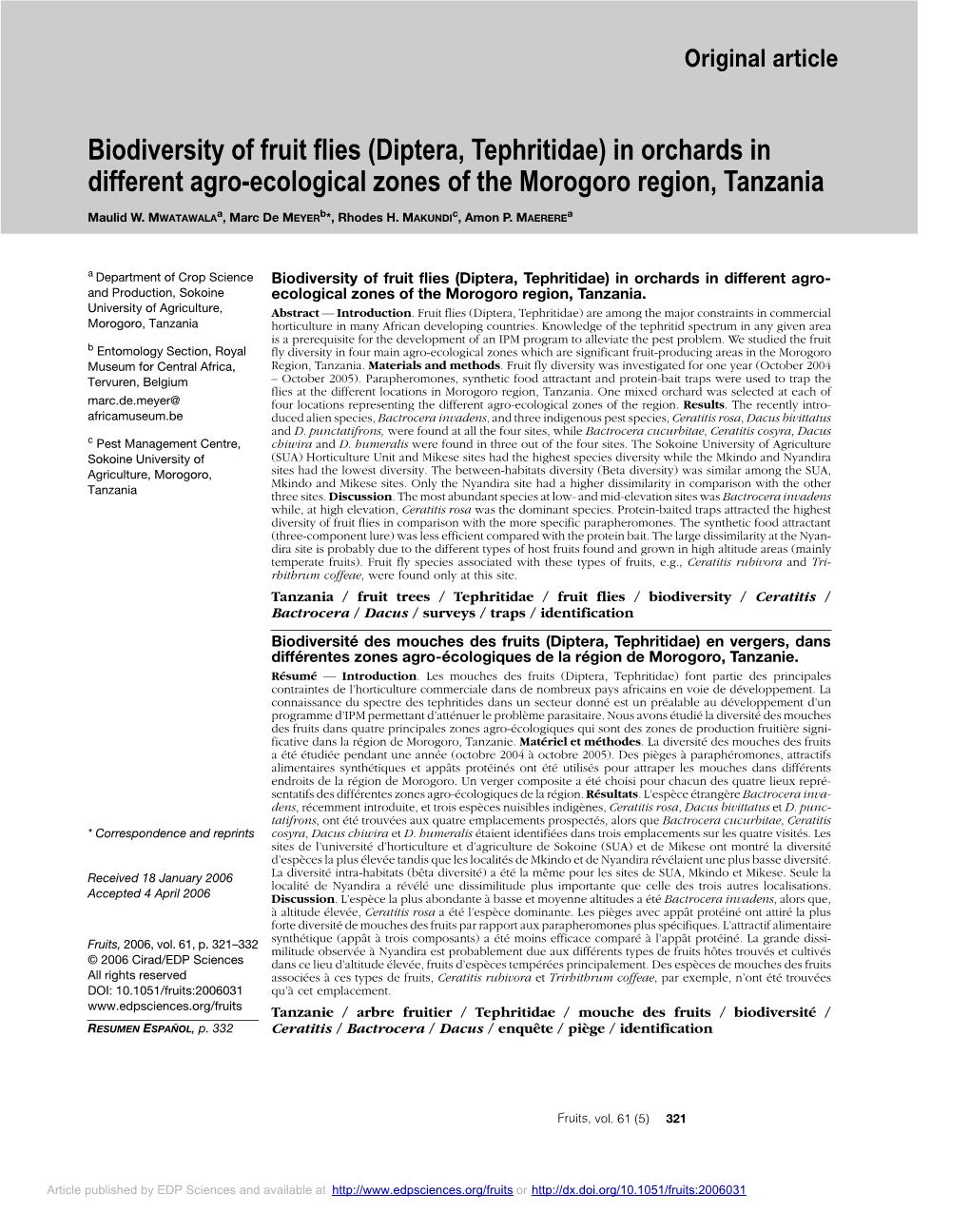 Biodiversity of Fruit Flies (Diptera, Tephritidae) in Orchards in Different Agro-Ecological Zones of the Morogoro Region, Tanzania