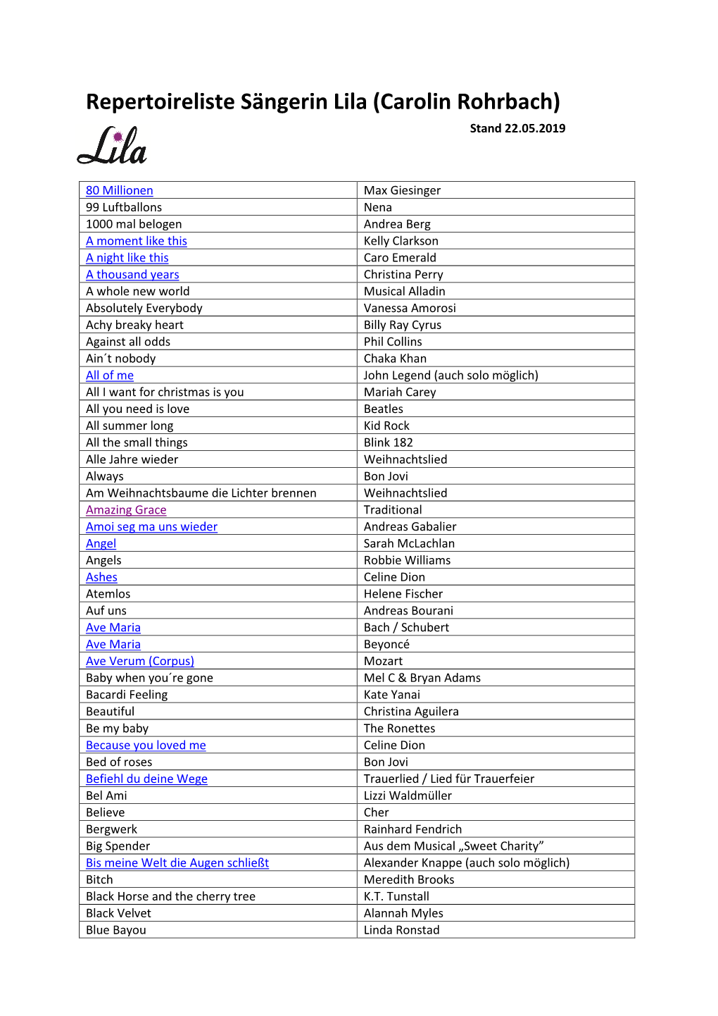 Repertoireliste Sängerin Lila (Carolin Rohrbach) Stand 22.05.2019