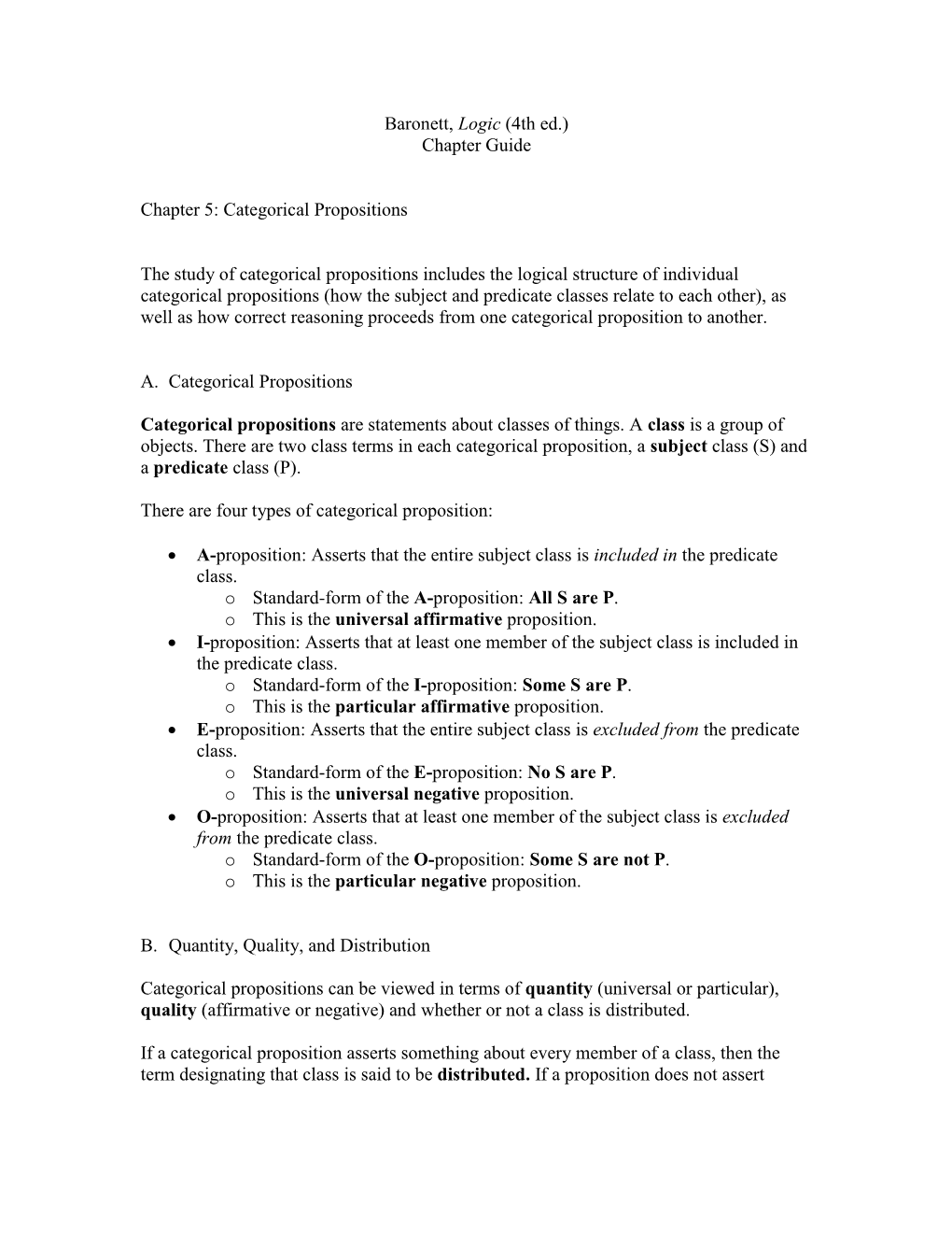 Baronett, Logic (4Th Ed.) Chapter Guide Chapter 5: Categorical