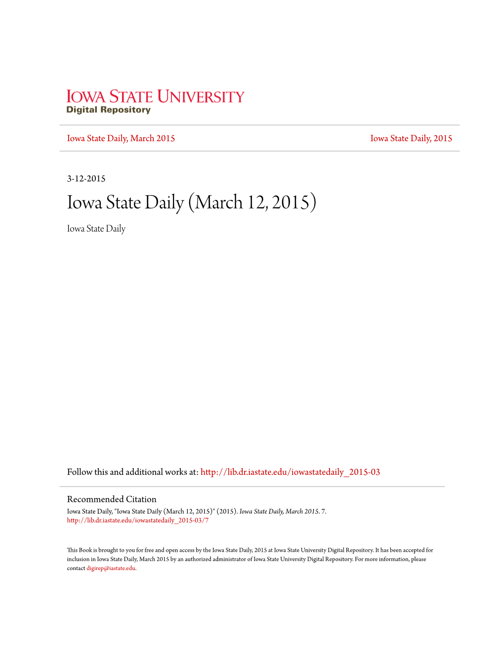 Iowa State Daily, March 2015 Iowa State Daily, 2015