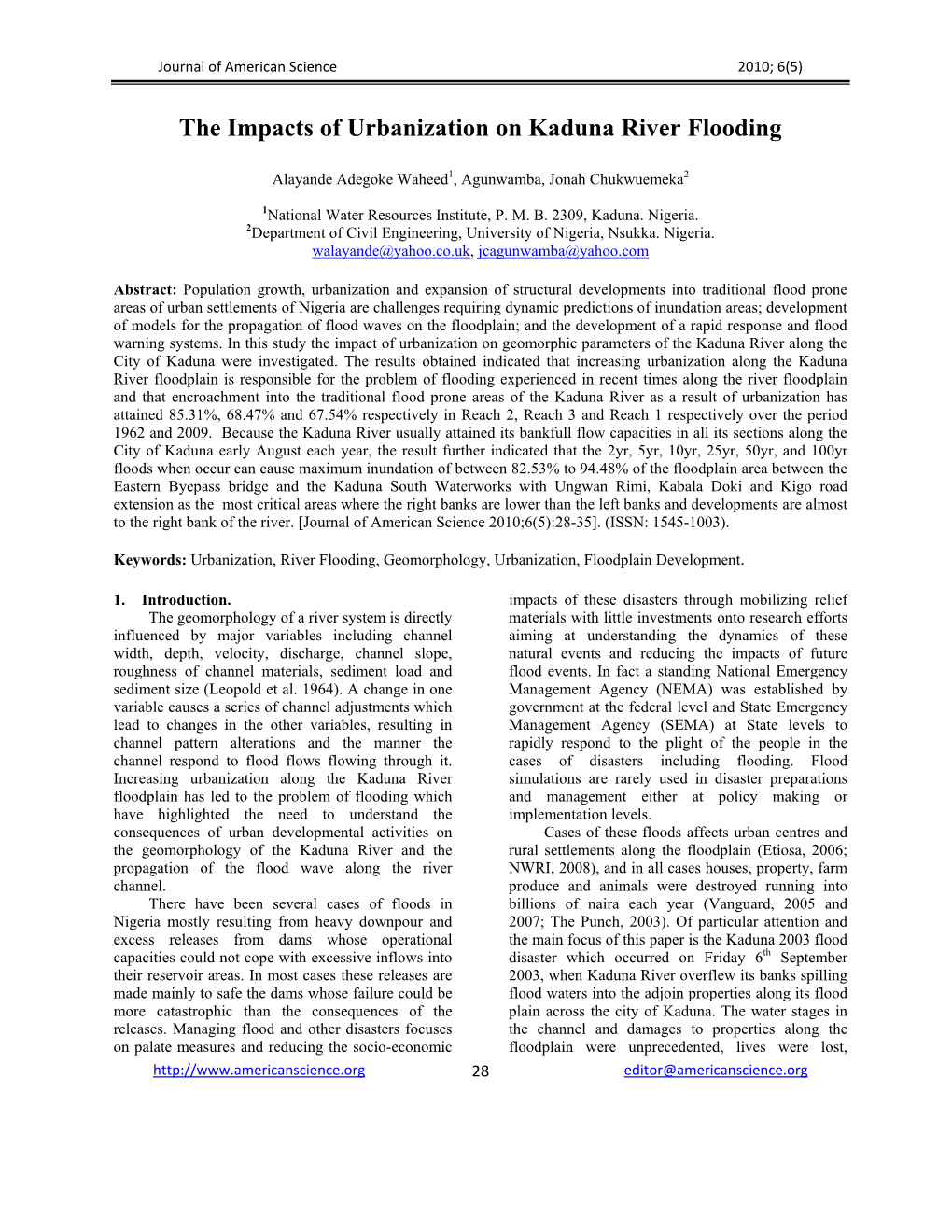 The Impacts of Urbanization on Kaduna River Flooding