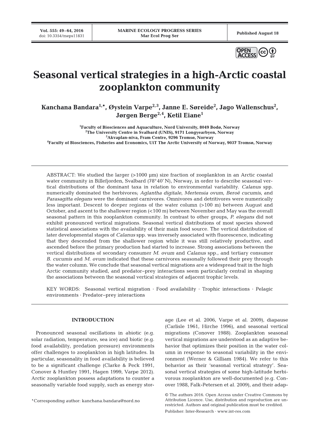 Seasonal Vertical Strategies in a High-Arctic Coastal Zooplankton Community