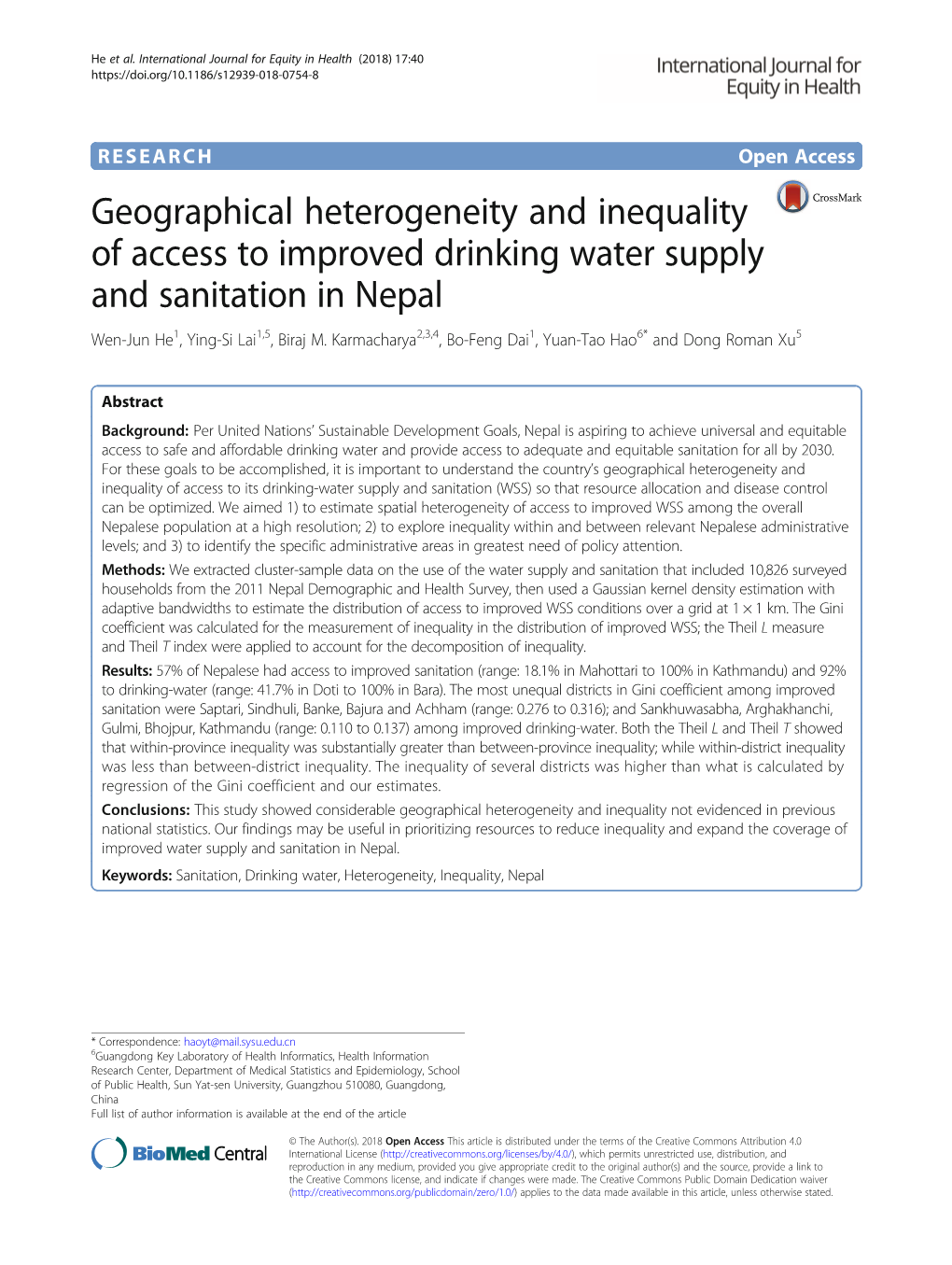 Geographical Heterogeneity and Inequality of Access to Improved Drinking Water Supply and Sanitation in Nepal Wen-Jun He1, Ying-Si Lai1,5, Biraj M