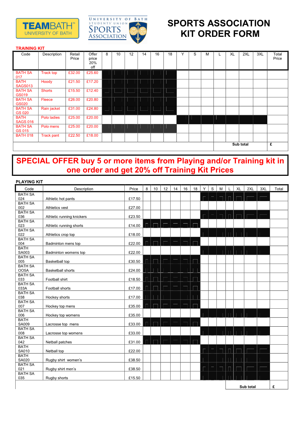 Sports Association Kit Order Form