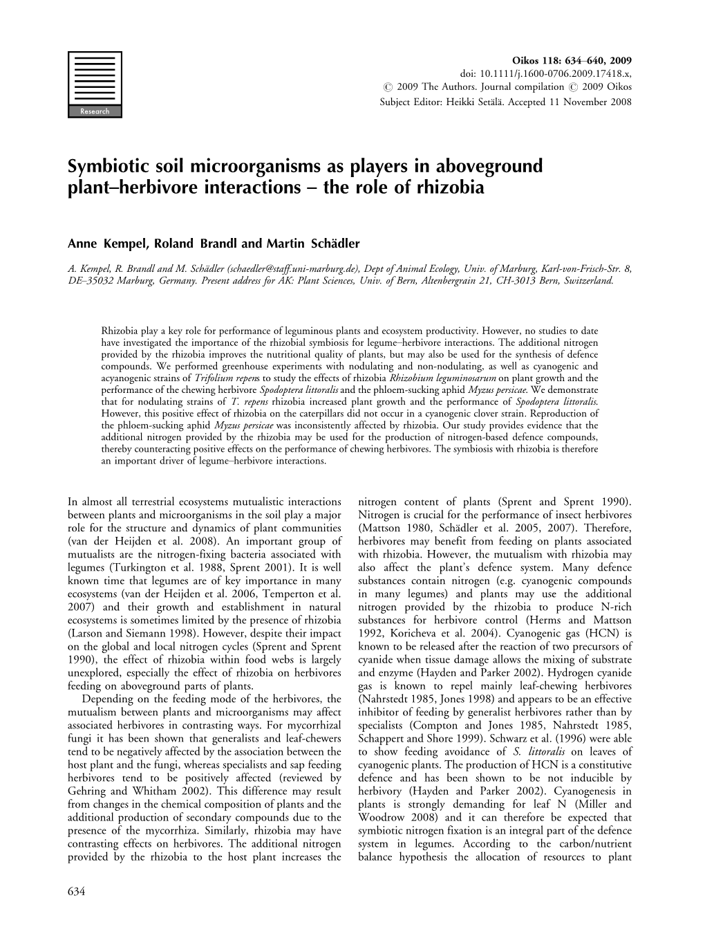 Symbiotic Soil Microorganisms As Players in Aboveground Plant�Herbivore Interactions � the Role of Rhizobia