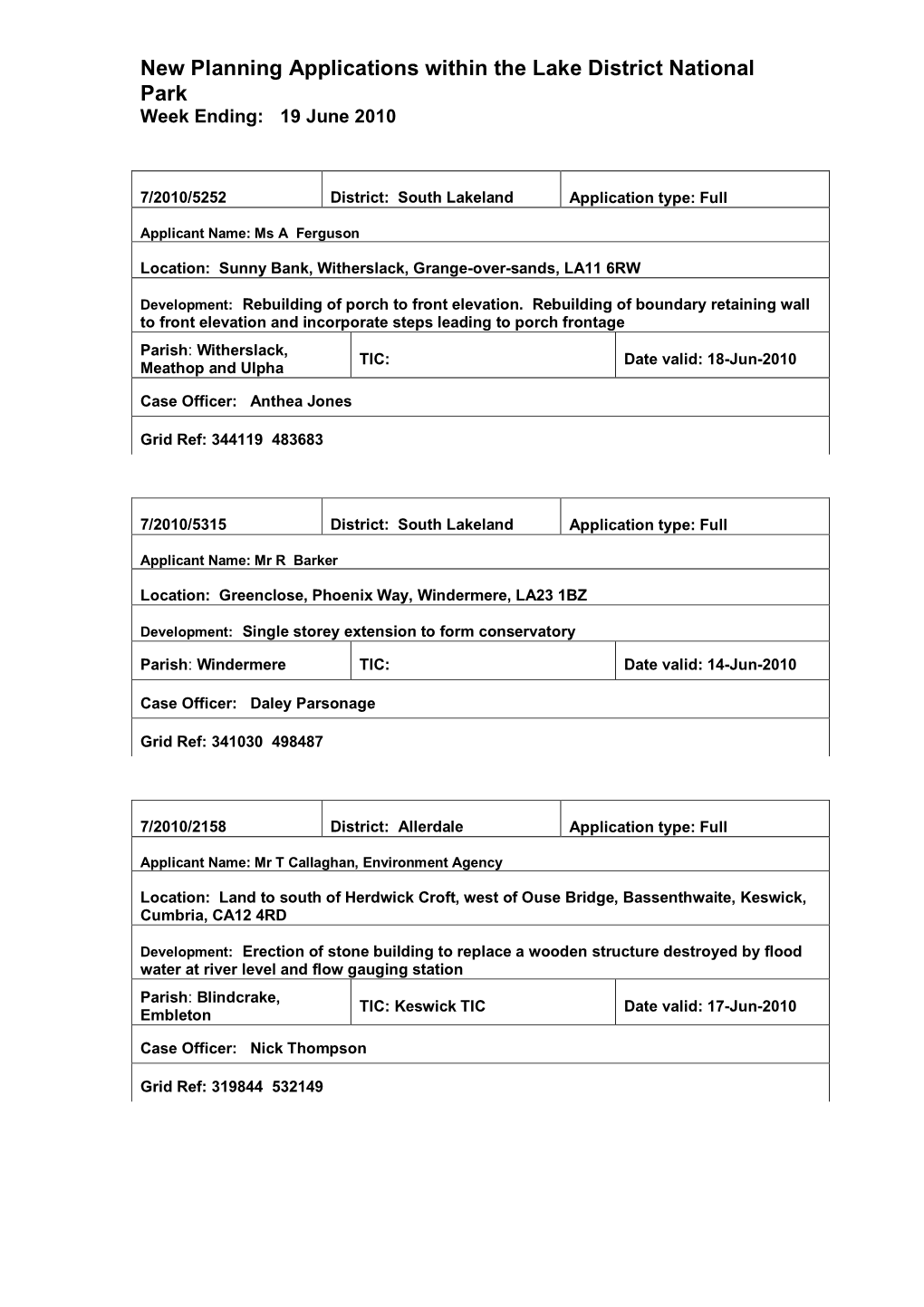 New Planning Applications Within the Lake District National Park Week Ending: 19 June 2010