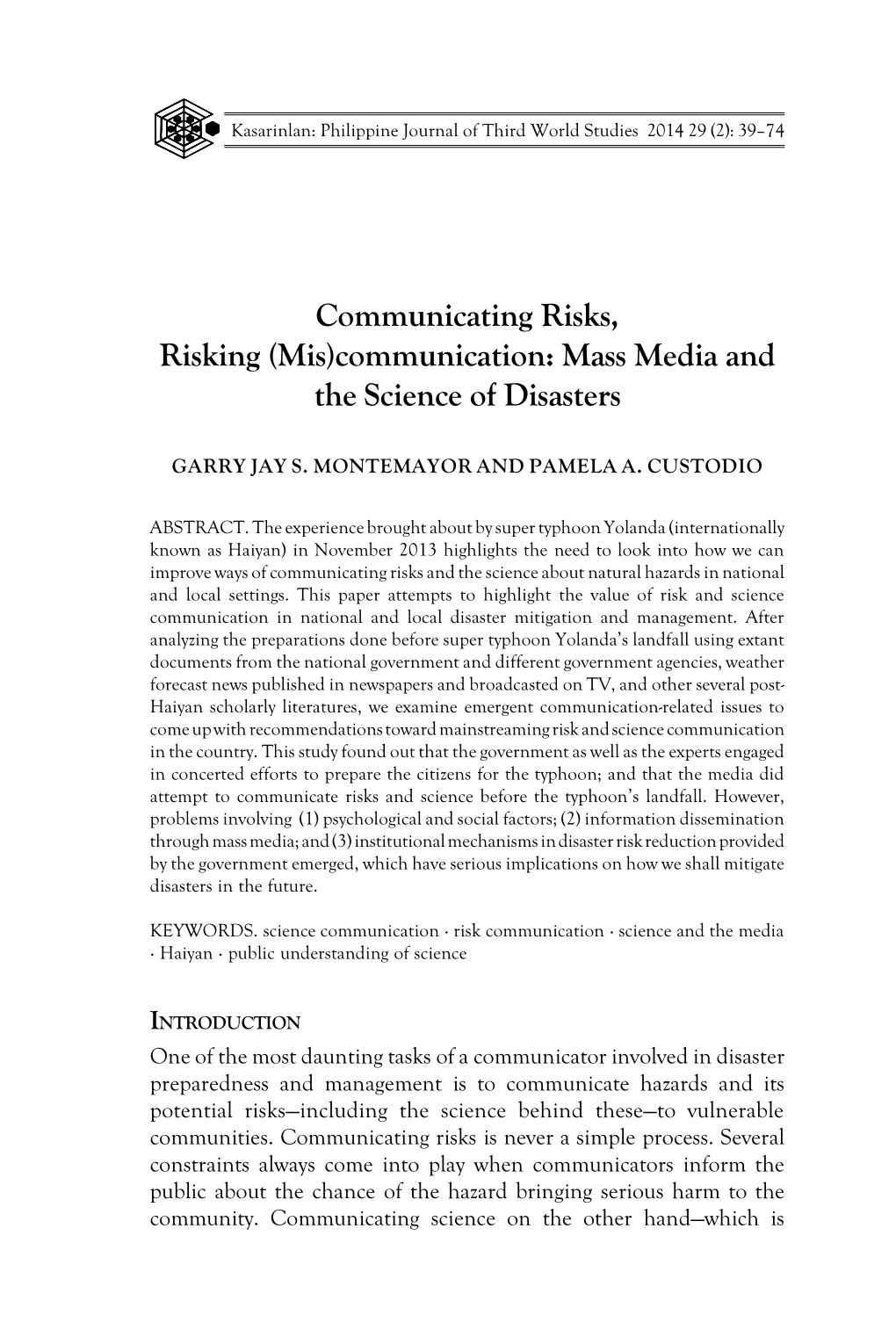 Communication: Mass Media and the Science of Disasters