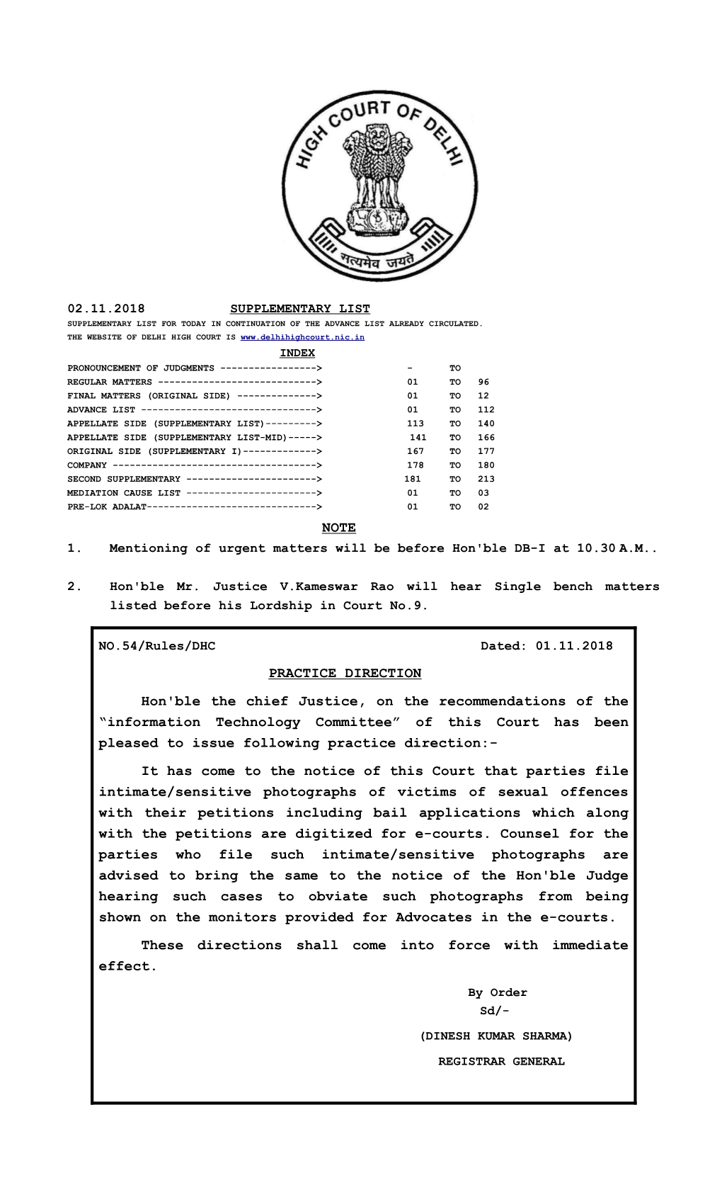 NOTE PRACTICE DIRECTION Hon'ble the Chief Justice, on the Recommendations of the “Information Technology Committee” of This