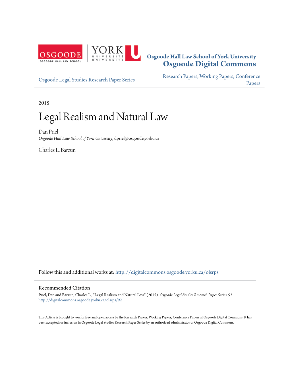 Legal Realism and Natural Law Dan Priel Osgoode Hall Law School of York University, Dpriel@Osgoode.Yorku.Ca