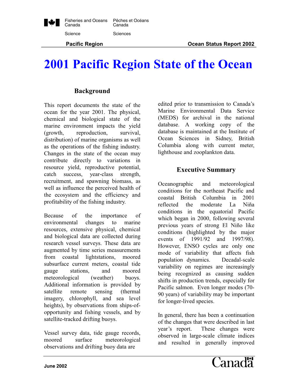 2001 Pacific Region State of the Ocean
