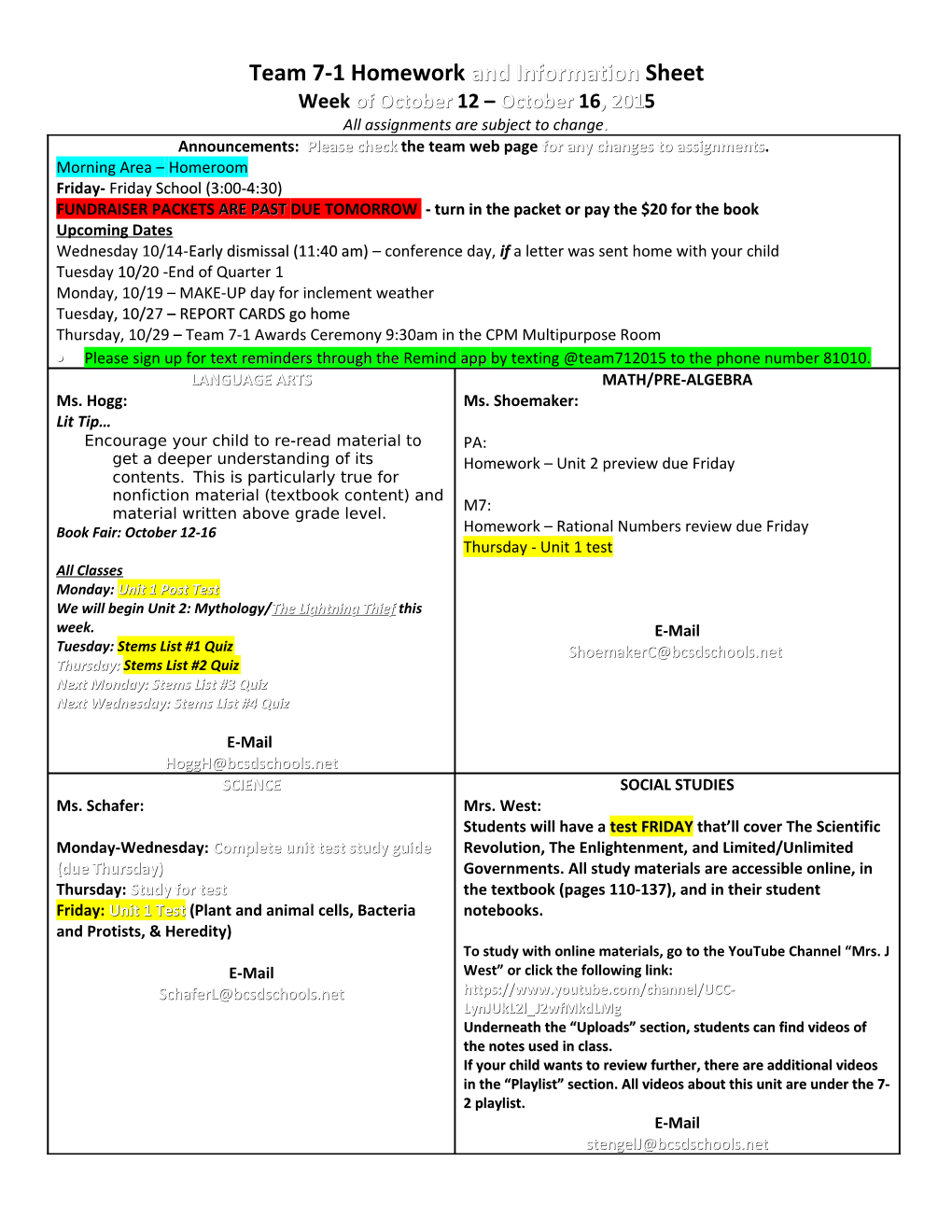 Team 7-1 Homework and Information Sheet