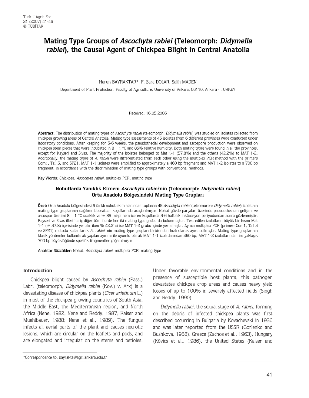 Teleomorph: Didymella Rabiei), the Causal Agent of Chickpea Blight in Central Anatolia