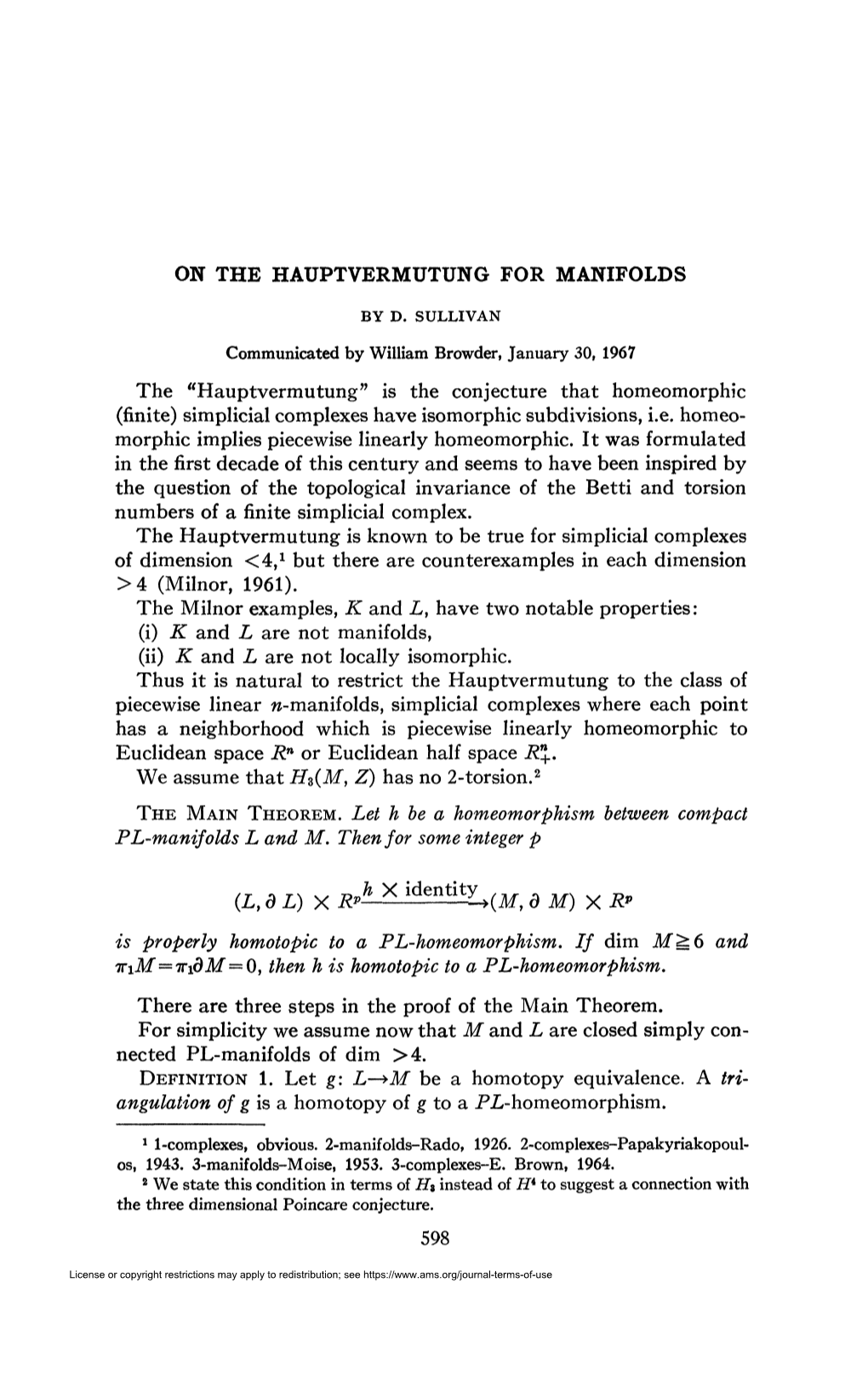 On the Hauptvermutung for Manifolds