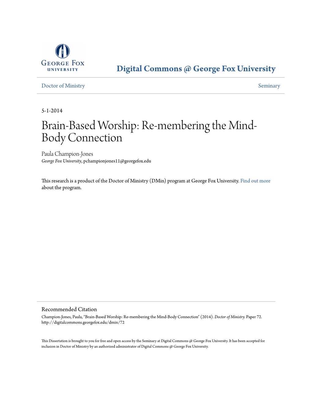 Brain-Based Worship: Re-Membering the Mind-Body Connection" (2014)