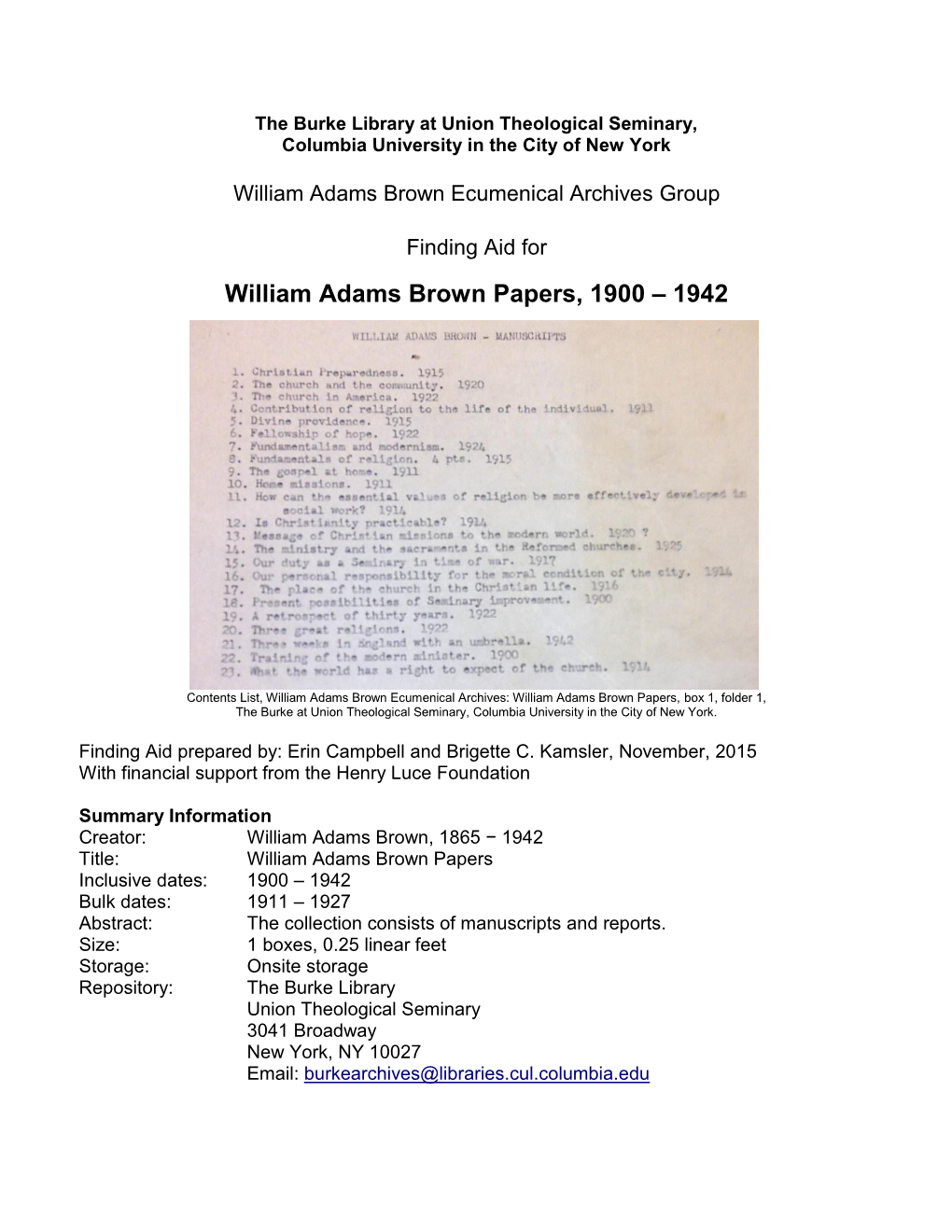 William Adams Brown Papers, 1900-1942 2