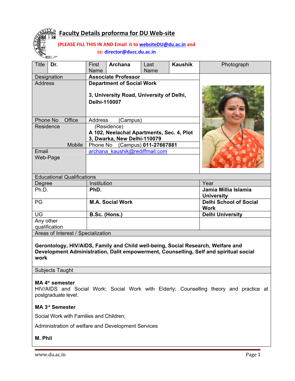 Faculty Details Proforma for DU Web-Site (PLEASE FILL THIS in and Email It to Websitedu@Du.Ac.In and Cc: Director@Ducc.Du.Ac.In