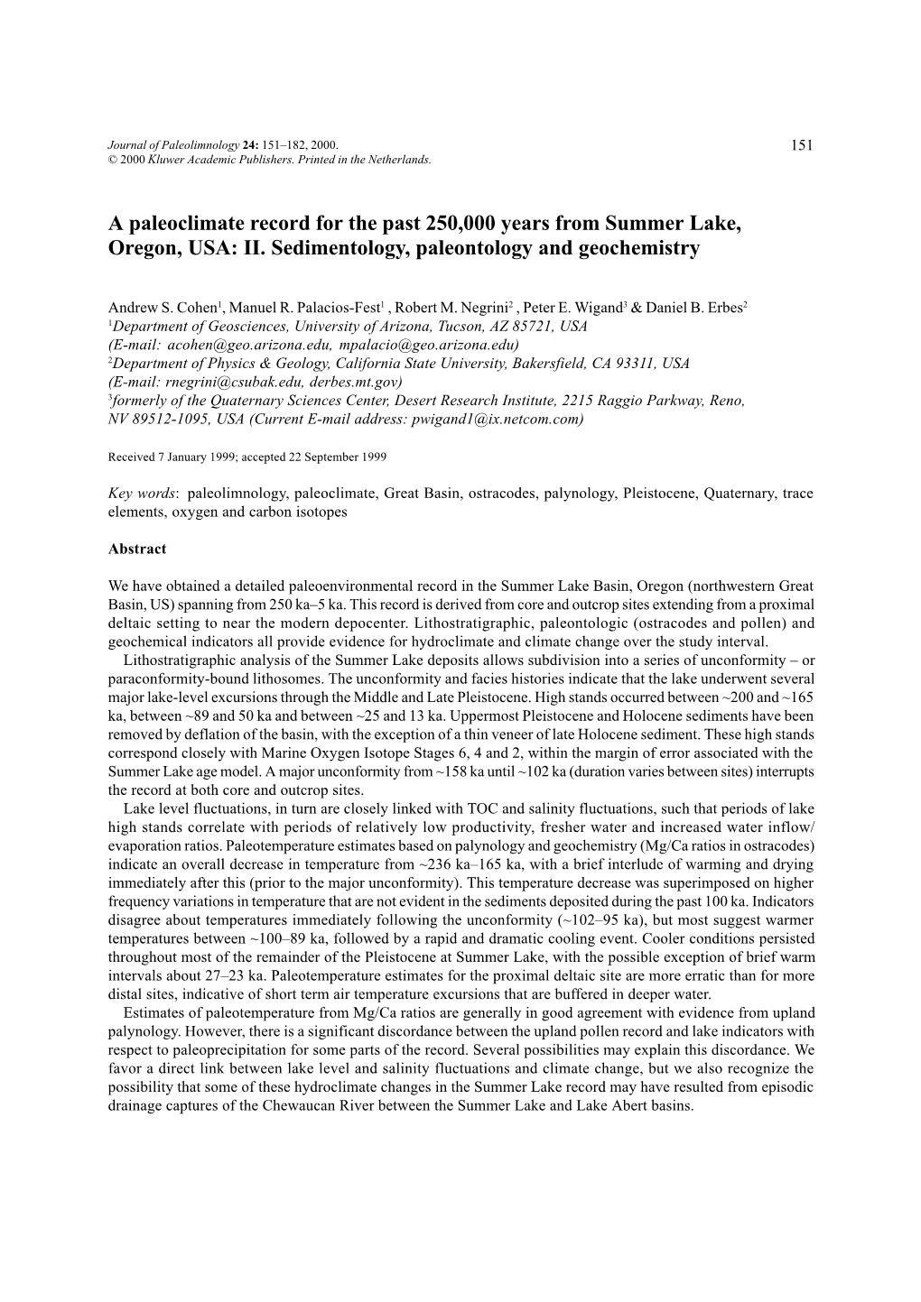 A Paleoclimate Record for the Past 250,000 Years from Summer Lake, Oregon, USA: II. Sedimentology, Paleontology and Geochemistry