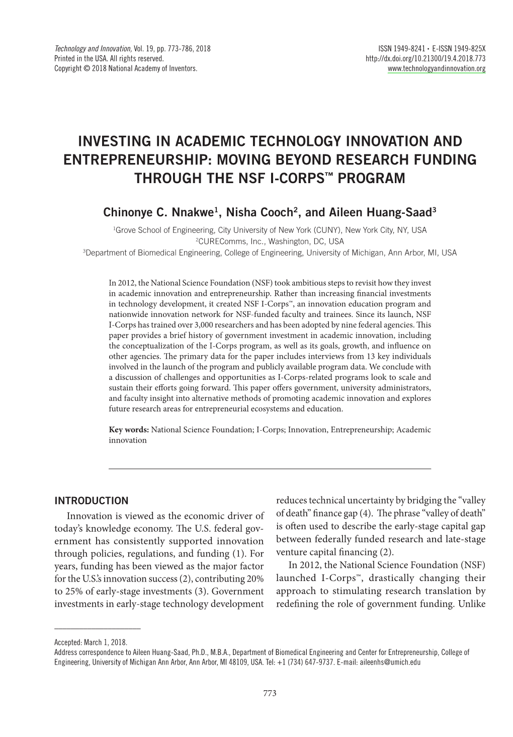 Investing in Academic Technology Innovation and Entrepreneurship: Moving Beyond Research Funding Through the Nsf I-Corps™ Program