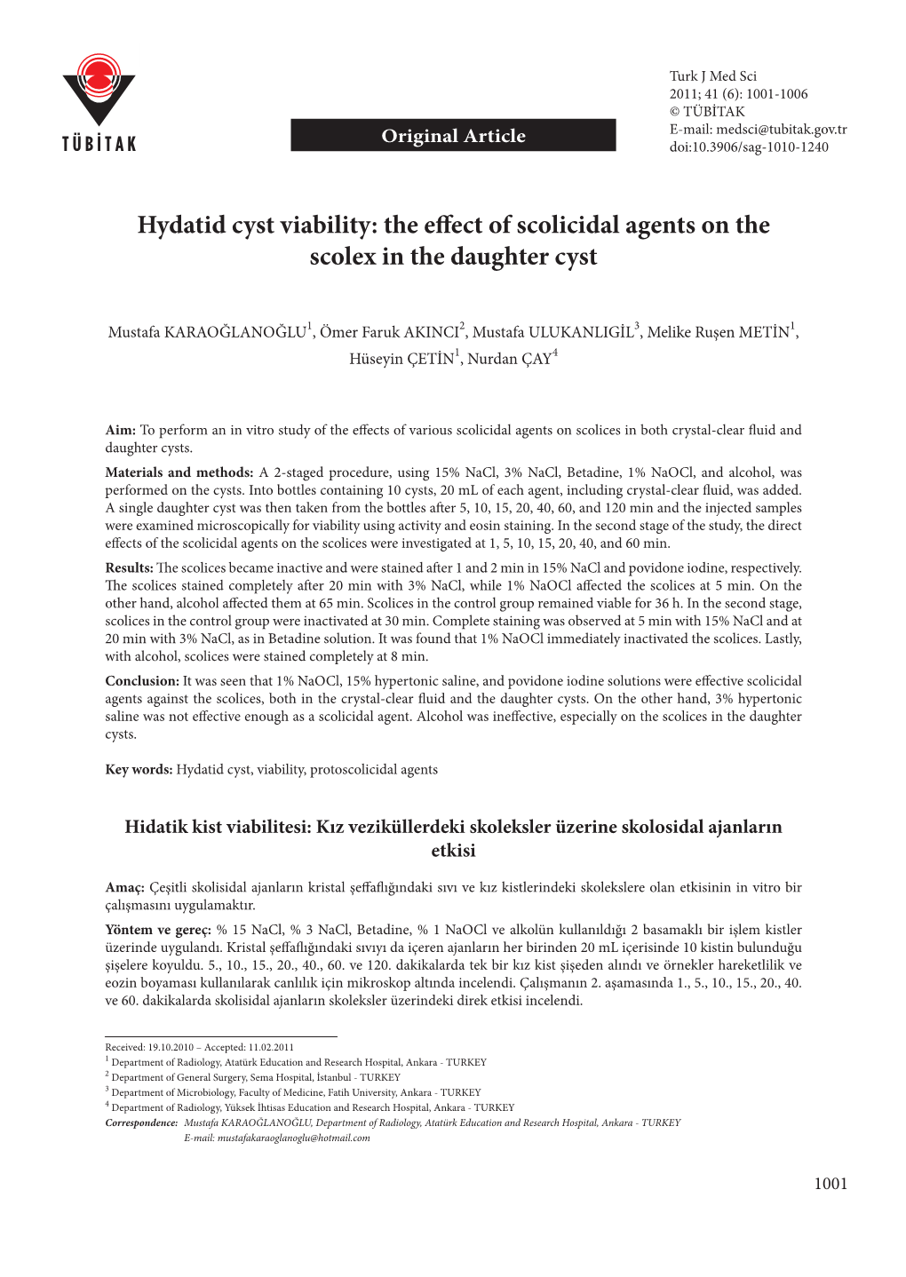 Hydatid Cyst Viability: the Eff Ect of Scolicidal Agents on the Scolex in the Daughter Cyst