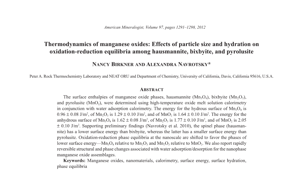 Thermodynamics of Manganese Oxides: Effects of Particle Size and Hydration on Oxidation-Reduction Equilibria Among Hausmannite, Bixbyite, and Pyrolusite