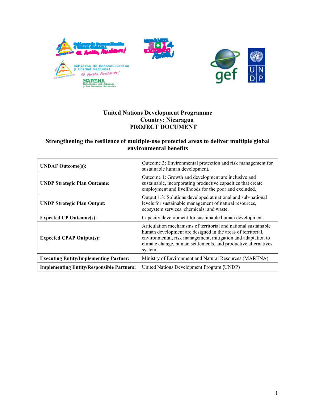 Nicaragua PROJECT DOCUMENT Strengthening the Resilience Of