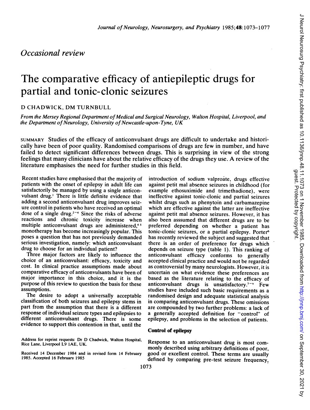 The Comparative Efficacy of Antiepileptic Drugs for Partial and Tonic-Clonic Seizures