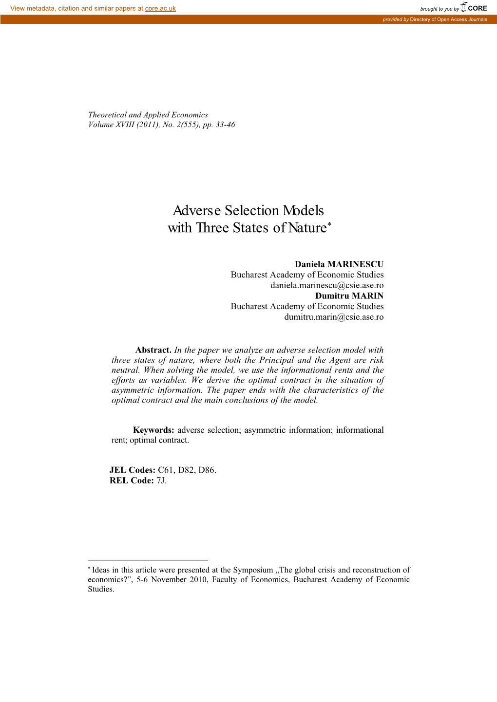 Adverse Selection Models with Three States of Nature*