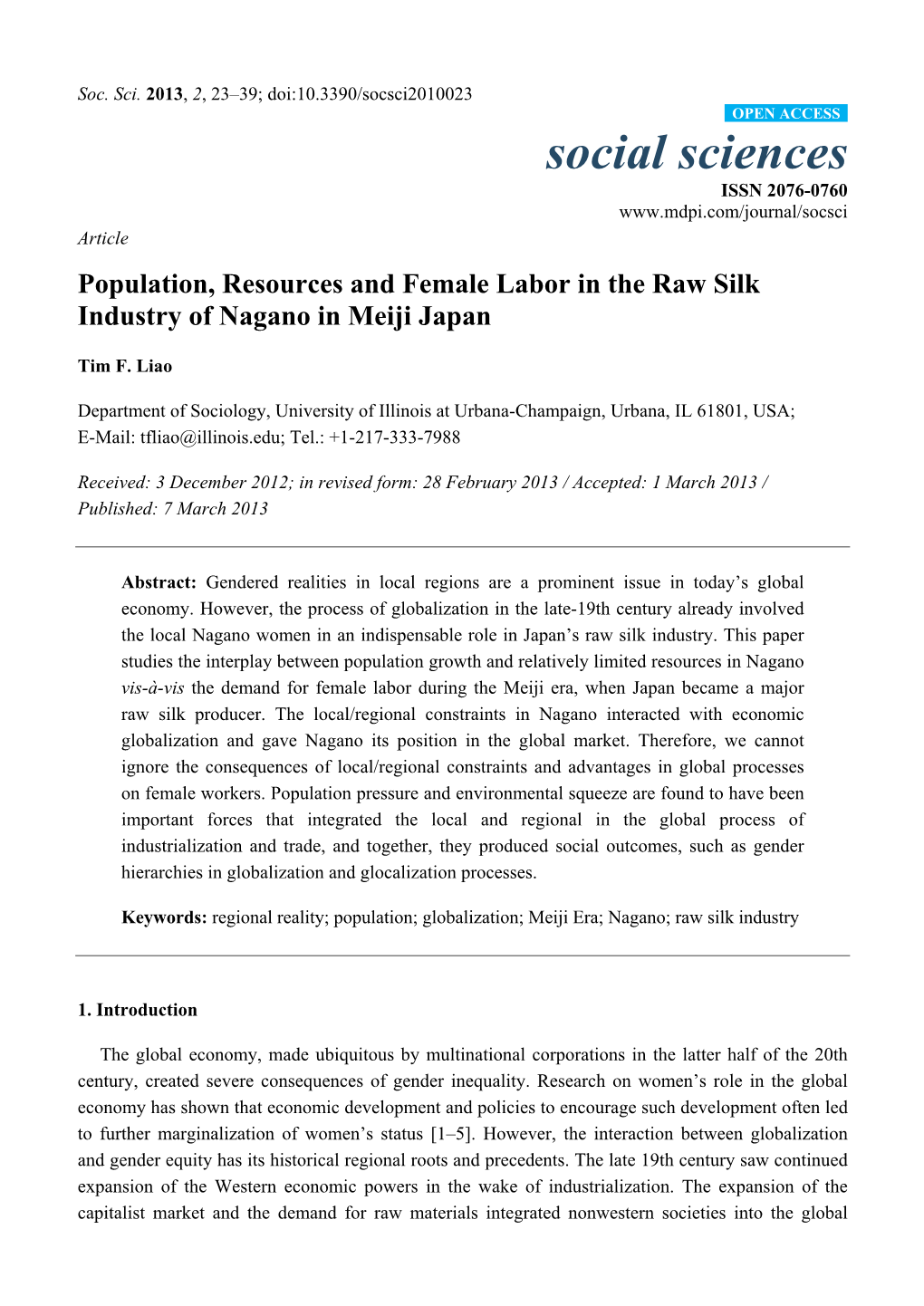 Population, Resources and Female Labor in the Raw Silk Industry of Nagano in Meiji Japan