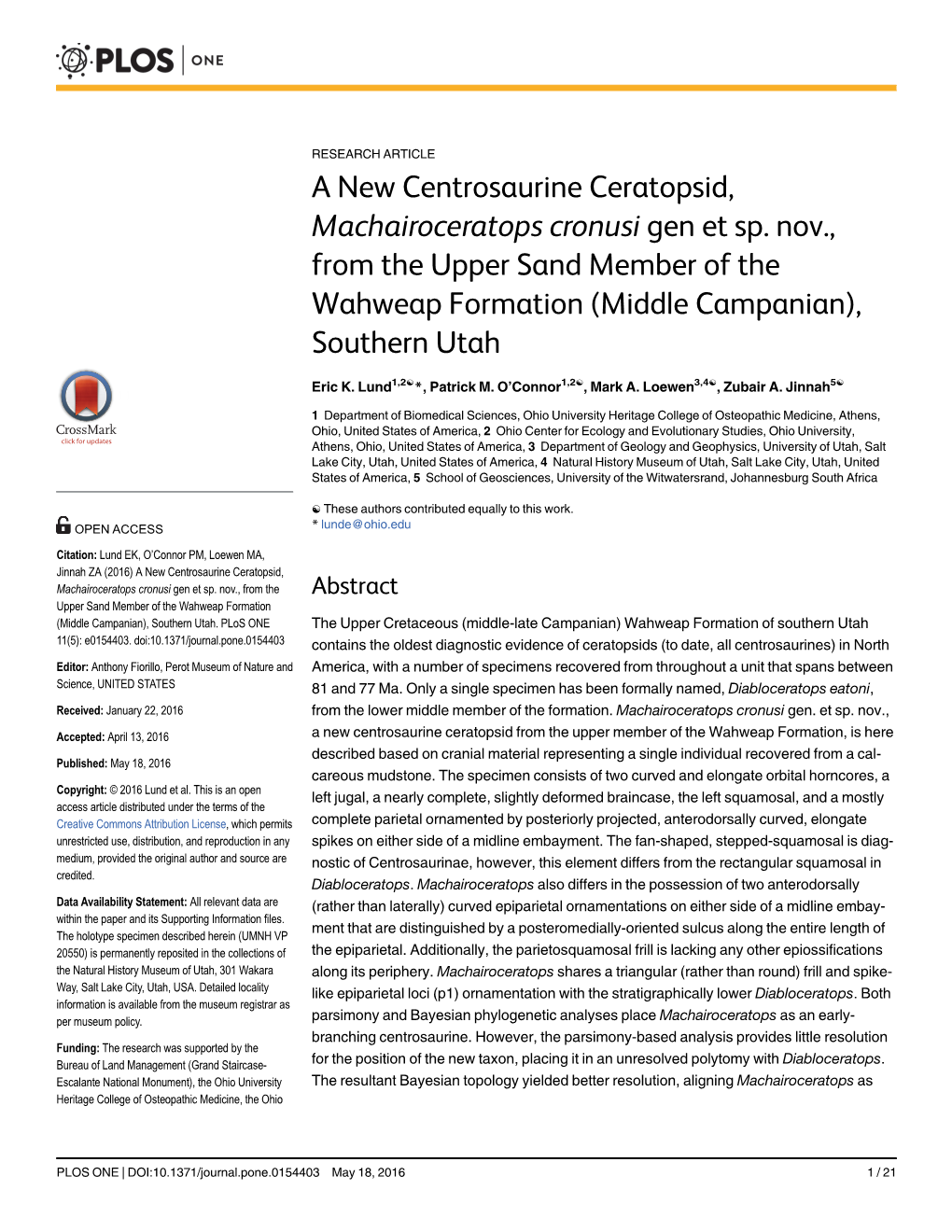 A New Centrosaurine Ceratopsid, Machairoceratops Cronusi Gen Et Sp