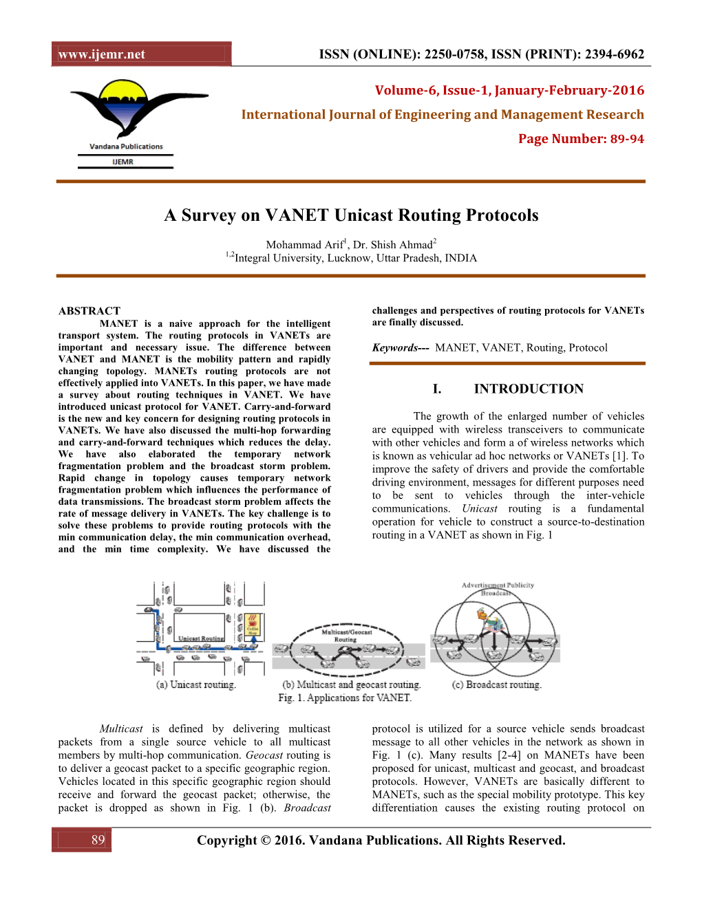 A Survey on VANET Unicast Routing Protocols