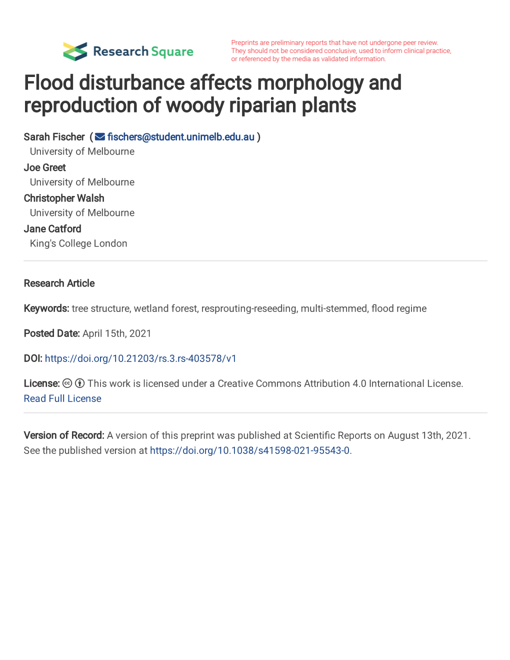 Flood Disturbance Affects Morphology and Reproduction of Woody Riparian Plants