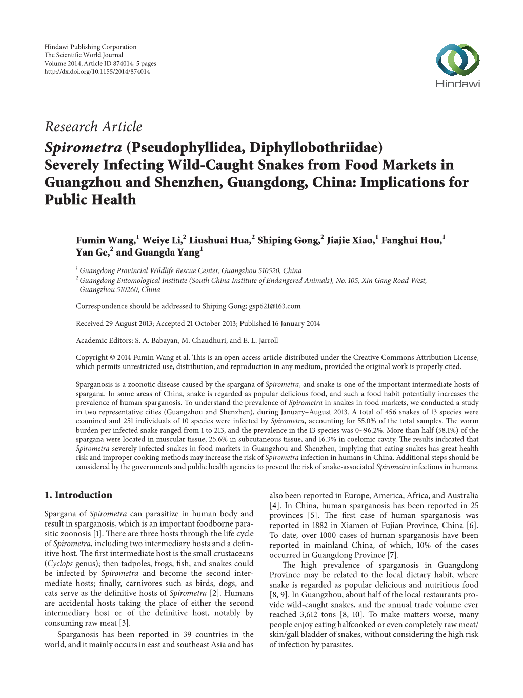 Spirometra (Pseudophyllidea, Diphyllobothriidae) Severely Infecting Wild-Caught Snakes from Food Markets in Guangzhou and Shenzhen, Guangdong, China: Implications for Public Health