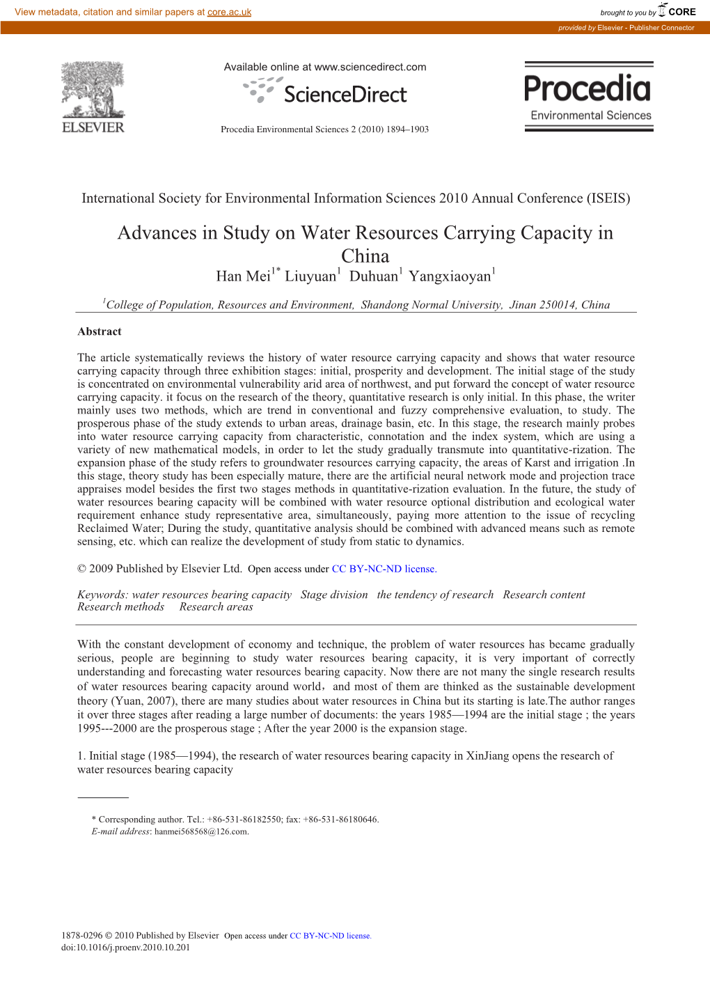 Advances in Study on Water Resources Carrying Capacity in China Han Mei1* Liuyuan1 Duhuan1 Yangxiaoyan1