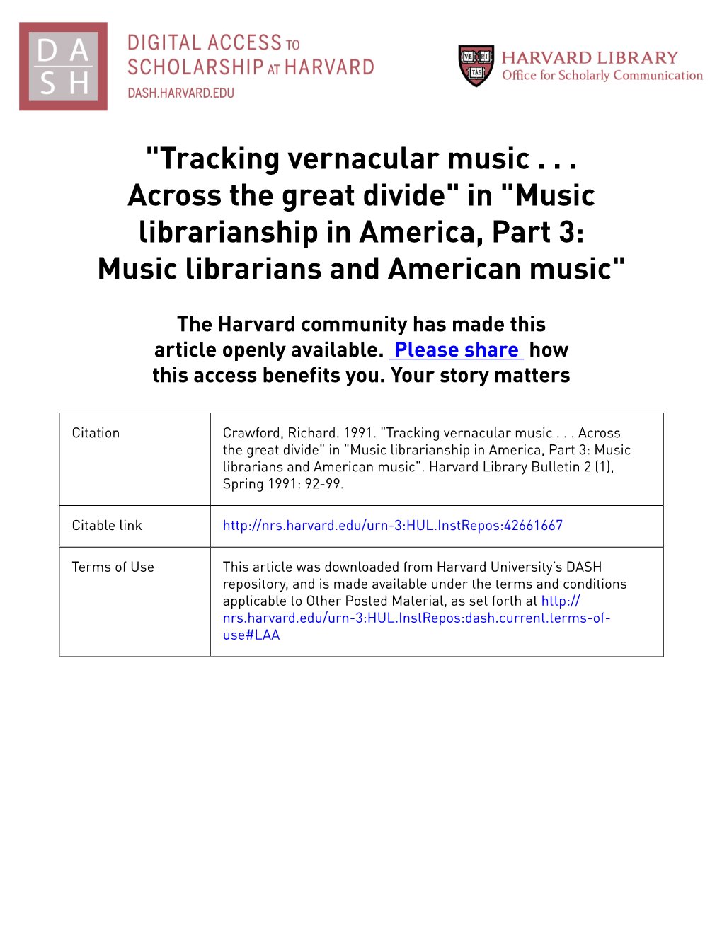 Tracking Vernacular Music . . . Across the Great Divide