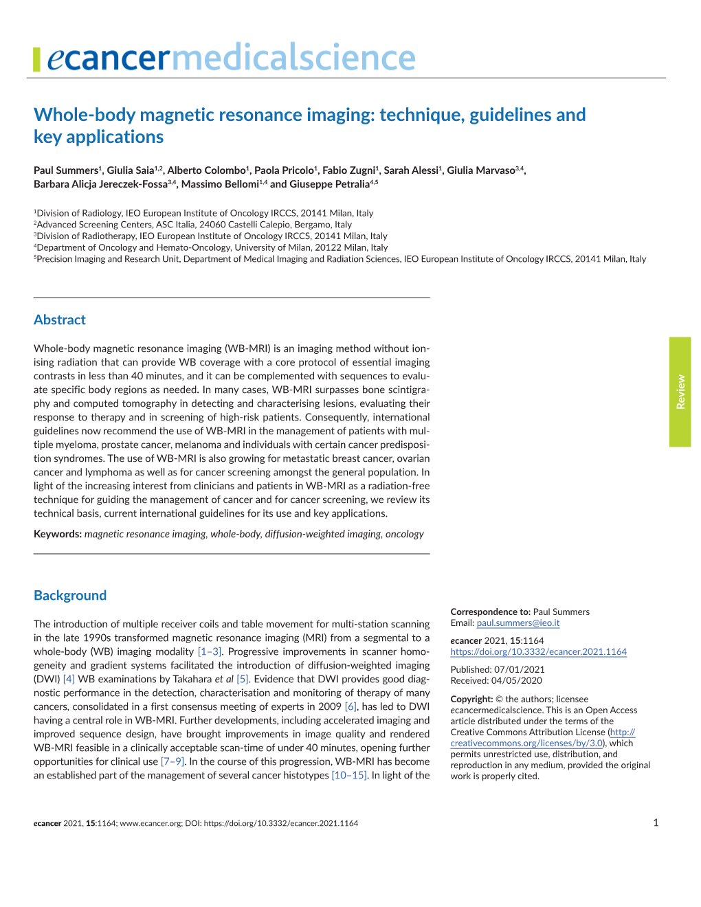 Whole-Body Magnetic Resonance Imaging: Technique, Guidelines and Key Applications