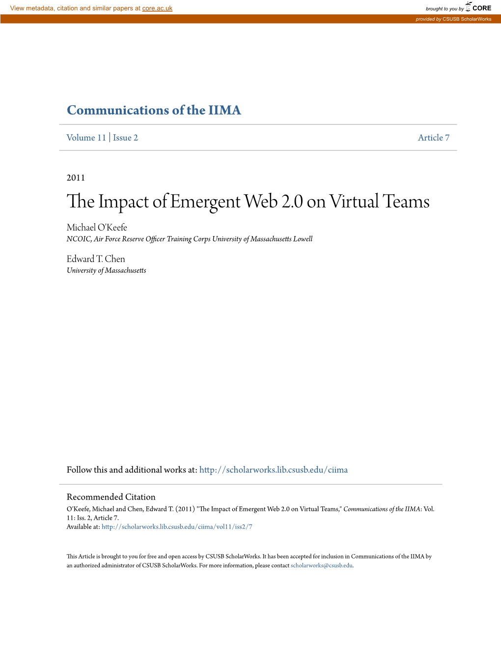 The Impact of Emergent Web 2.0 on Virtual Teams O’Keefe & Chen