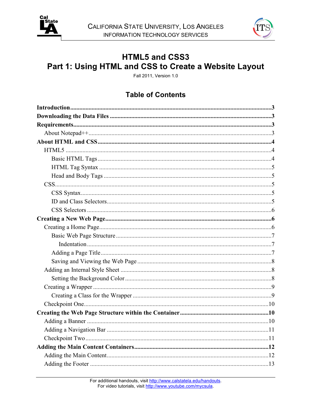 HTML5 and CSS3 Part 1: Using HTML and CSS to Create a Website Layout Fall 2011, Version 1.0