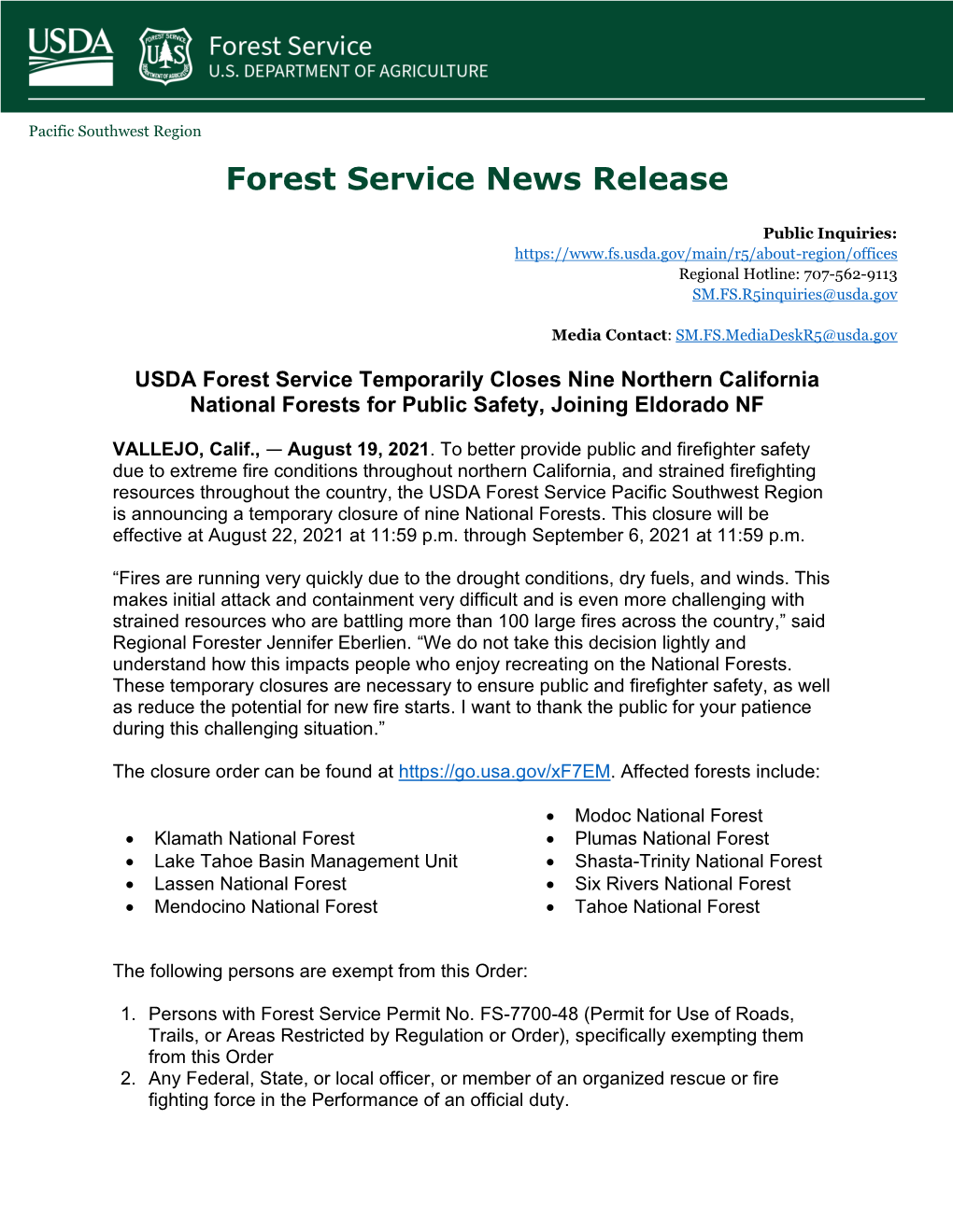 USFS Temporarily Closes Nine California Forests (Pdf