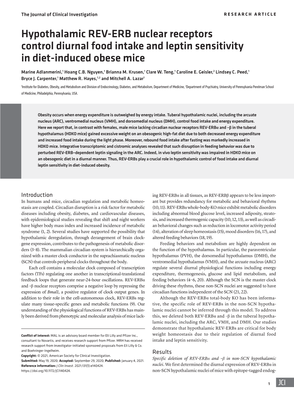 Hypothalamic REV-ERB Nuclear Receptors Control Diurnal Food Intake and Leptin Sensitivity in Diet-Induced Obese Mice