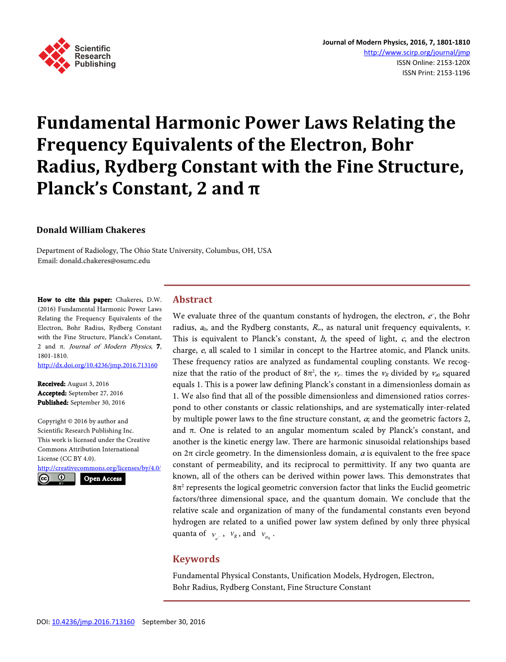 Fundamental Harmonic Power Laws Relating the Frequency Equivalents of the Electron, Bohr Radius, Rydberg Constant with the Fine Structure, Planck’S Constant, 2 and Π