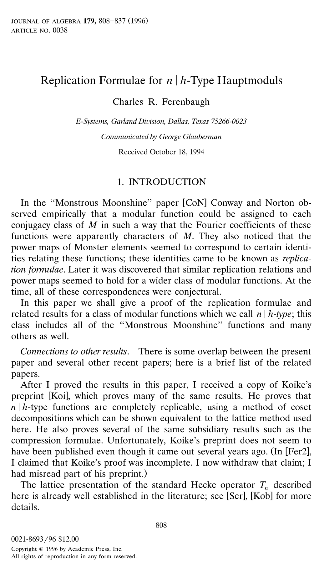 Replication Formulae for N